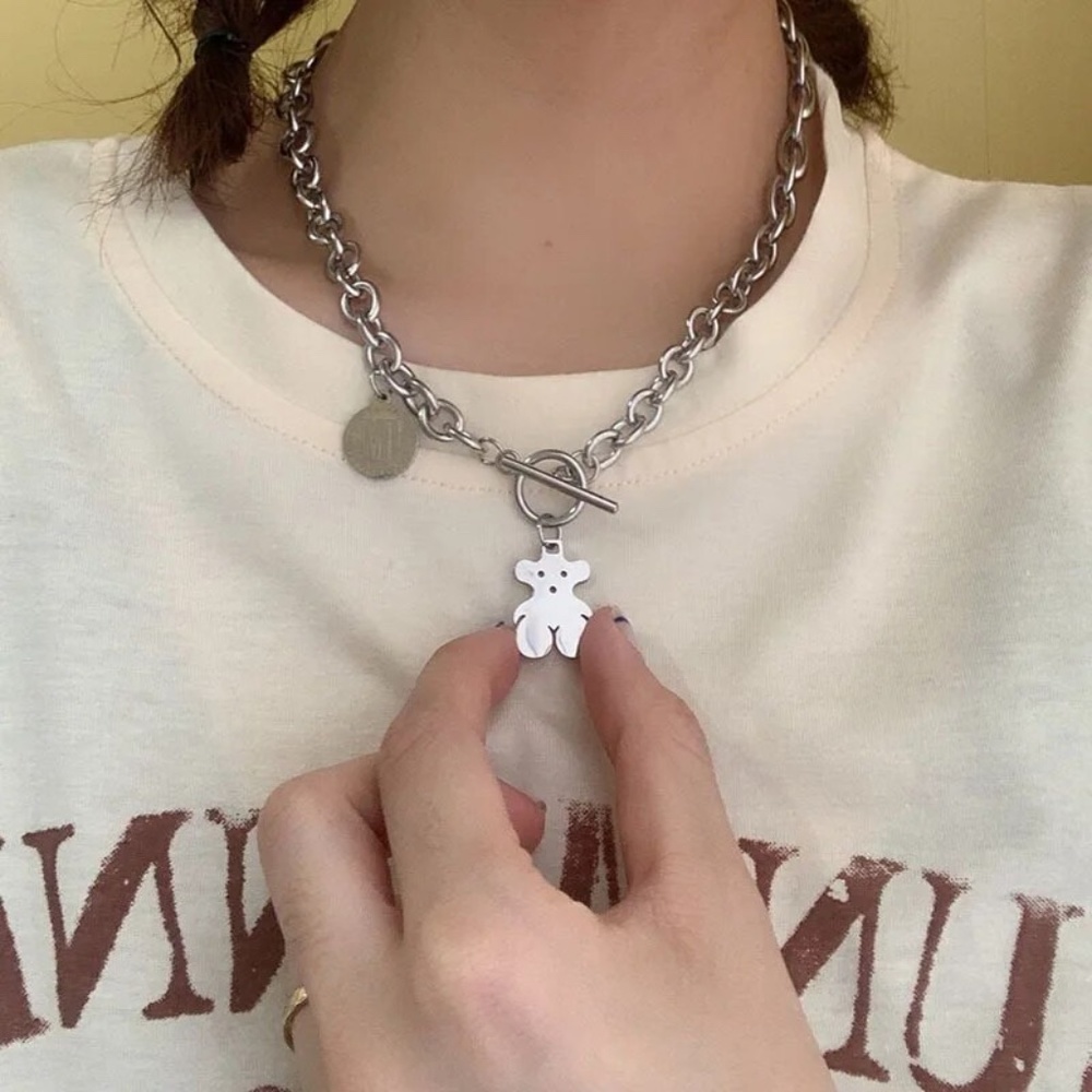 New - Anthropologie Patina Silver Cute Bear Love Peace Heart Necklace - Picture 15 of 15